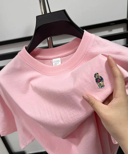 Light luxury 100% cotton men's T-shirt short sleeve round neck skin friendly comfort fashion brand cartoon bear embroidered top