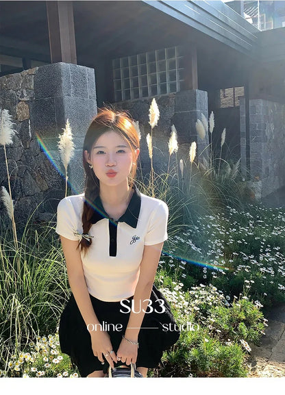 Women's Slim Fit Short Sleeve Polo Shirt Summer New Color Collision Design Red T-Shirt Top Fashionable Casual Business Wear