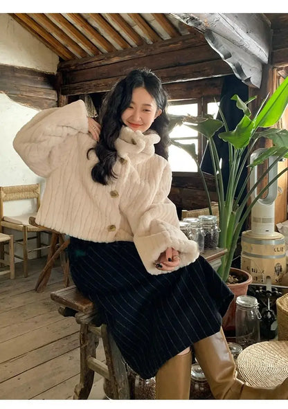 2025 Winter Fashion Stand Collar Warm Plush Short Jacket Women Autumn Retro Street Thickened Loose Harajuku Casual Short Jacket