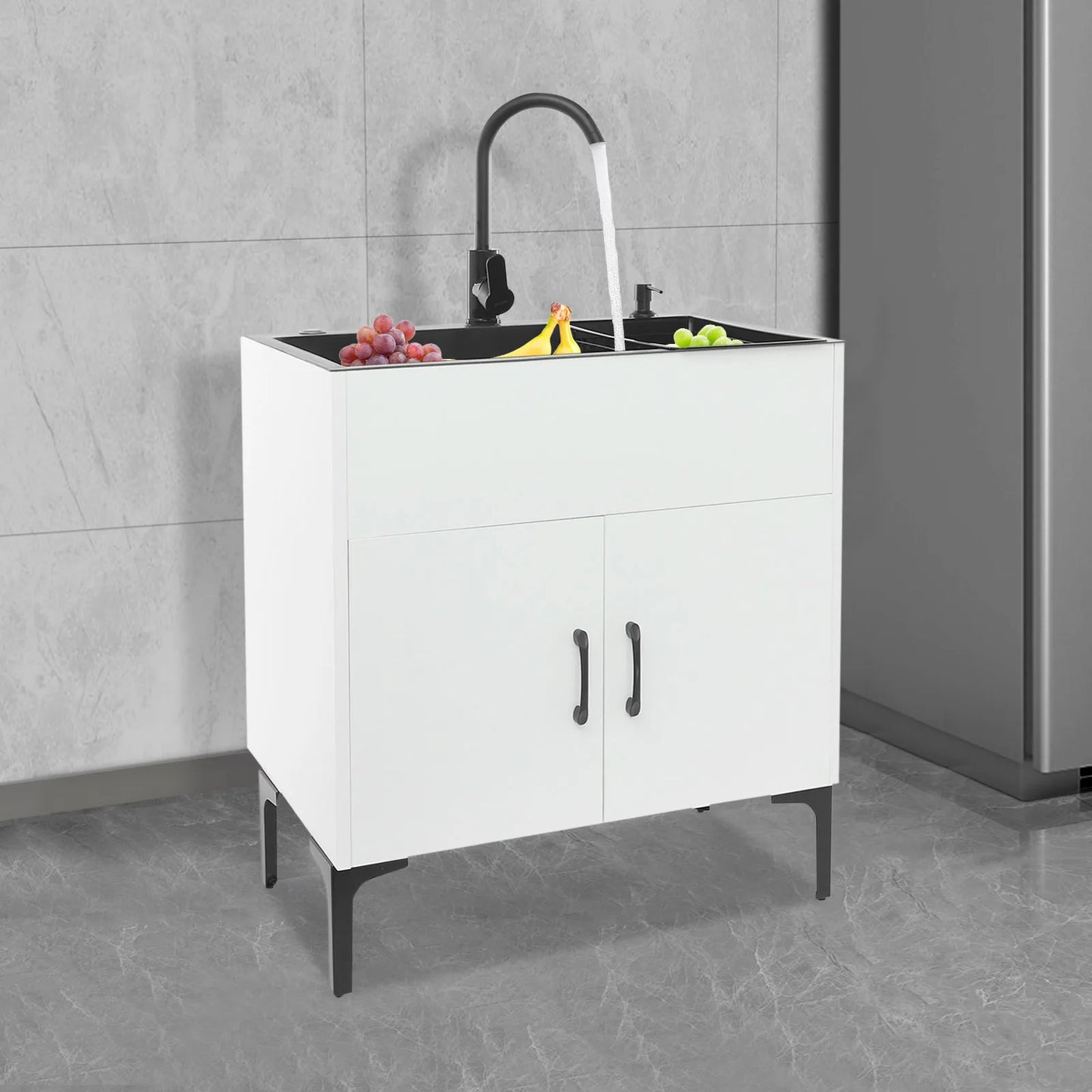 Schwarz/weißes unabhängiges Waschbecken mit Schrank, Küchenspüle aus Edelstahl mit 360° °   Drehbarer Wasserhahn für Badezimmer, Waschbecken