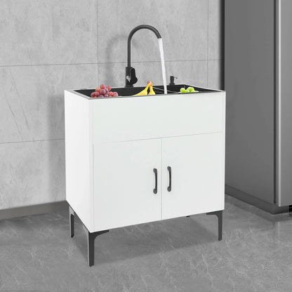 Schwarz/weißes unabhängiges Waschbecken mit Schrank, Küchenspüle aus Edelstahl mit 360° °   Drehbarer Wasserhahn für Badezimmer, Waschbecken