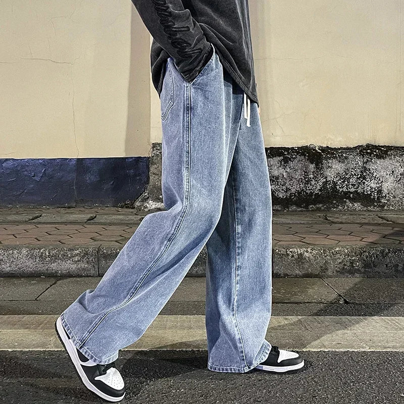 2024 New Men's Jeans Korean Casual Pants High Street Straight Student Loose Wide Black Grey Blue Baggy Denim Pants.