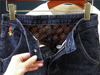 Gestickte Slim-Fit-Jeans mit geradem Bein, High-End-Freizeithose für Herren, durchgehender Bodendruck, dehnbar, trendige Marken-Freizeitjeans