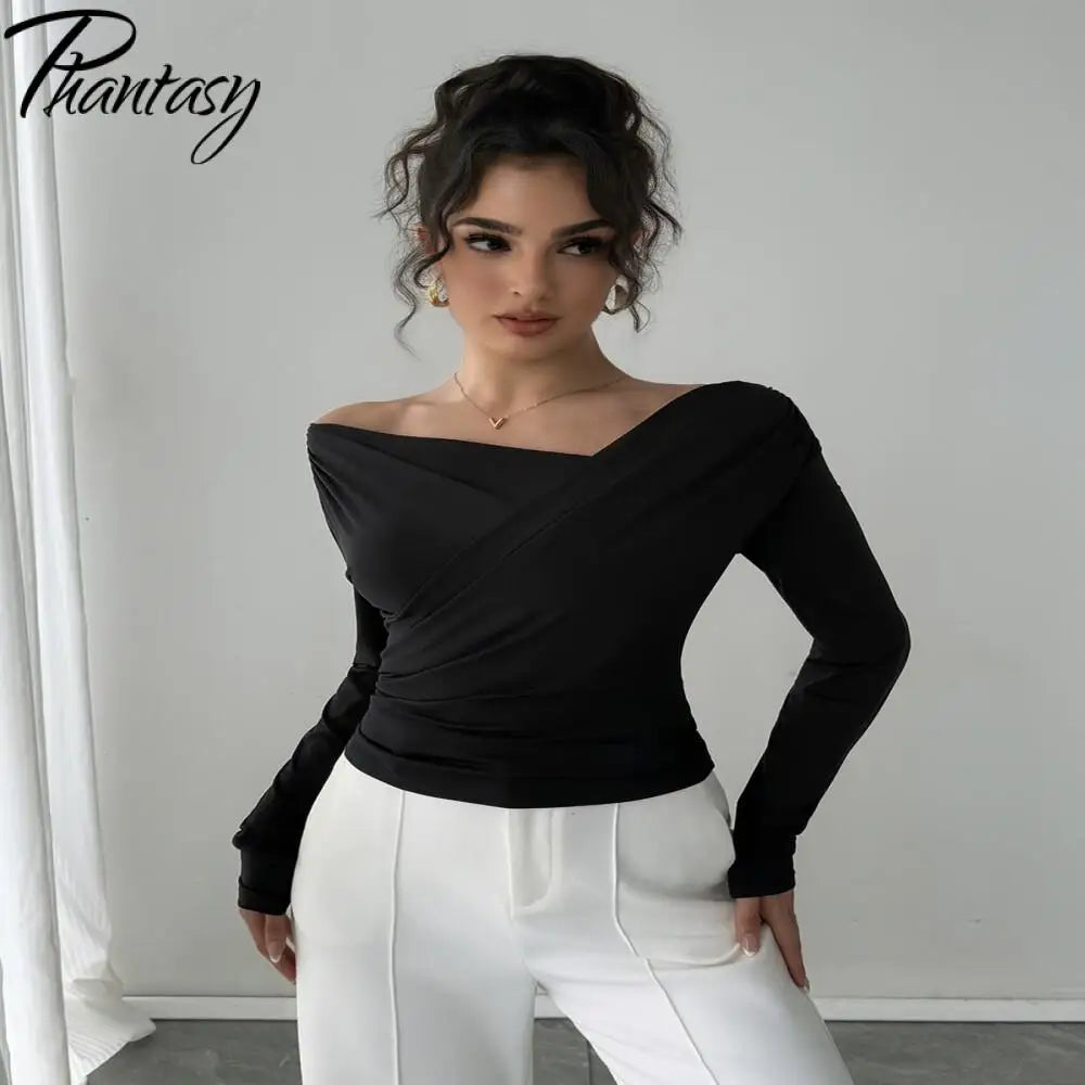 Phantasy New Solid Color Top Fashion Slant Shoulder Collar Shoulder Slimming Long Sleeve Commuter Top Vestido Elegant Tops.