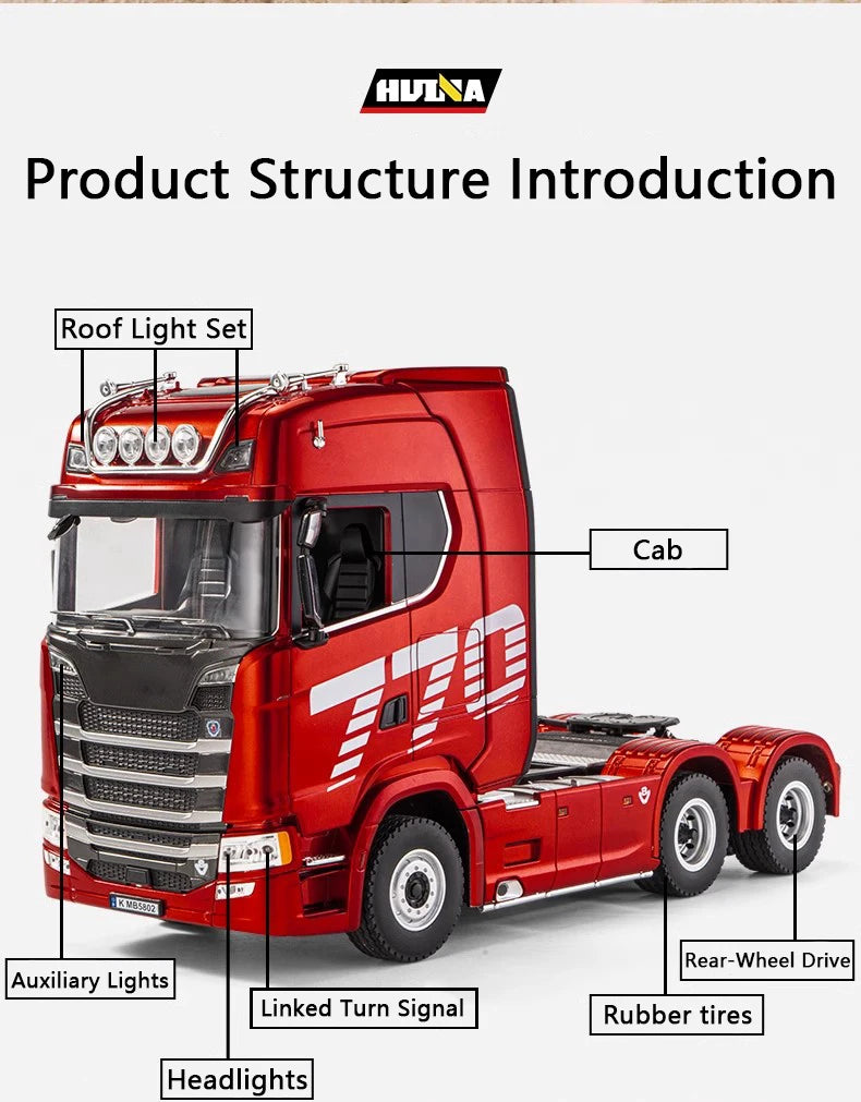 HUINA 1/18 19CH RC Truck 1501 770S Scania Alloy Tractor 2.4G Remote Control Engineering Trailer Truck with Light and Sound Toys.