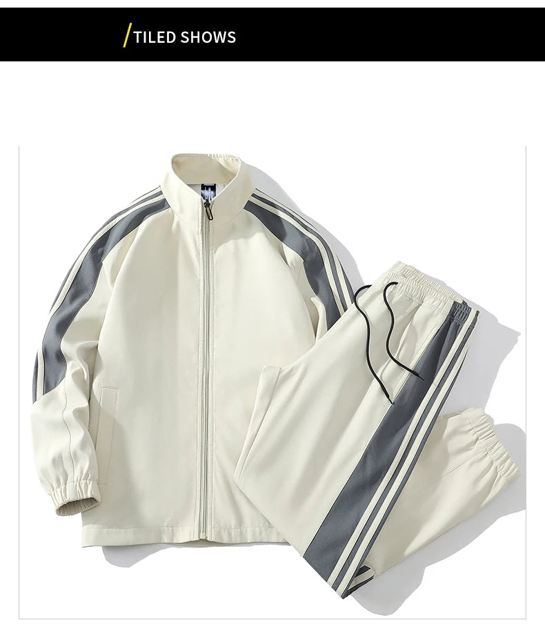 Sports suit men's  spring and autumn striped stand up collar jacket and pants paired with running and fitness two-piece set.