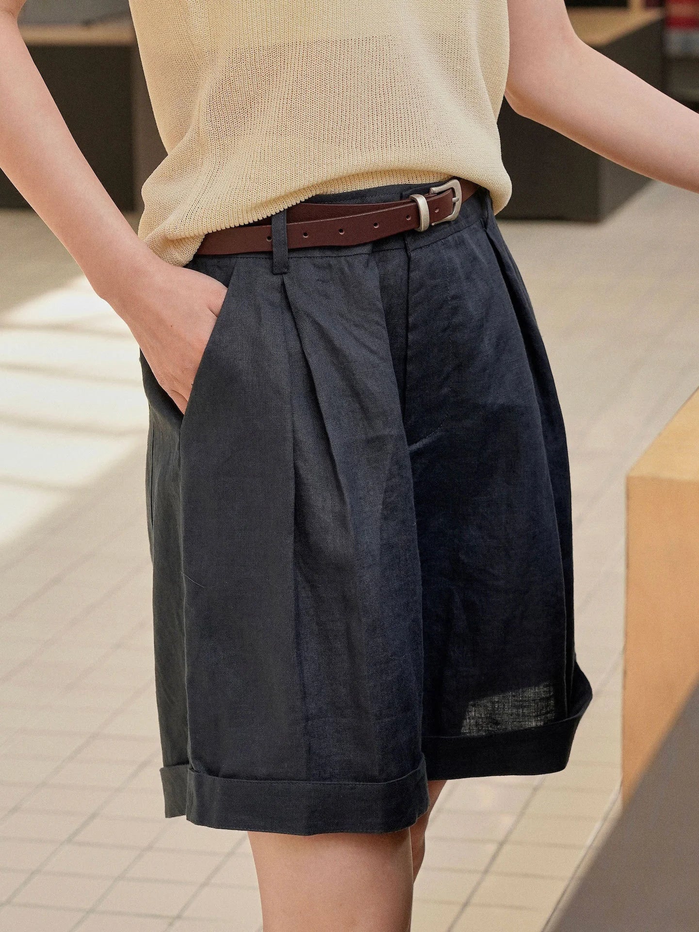 Summer Korea Style Lazy Linen Curled Bermuda Shorts Wide Leg Loose Slim Casual Hot Pants For Women