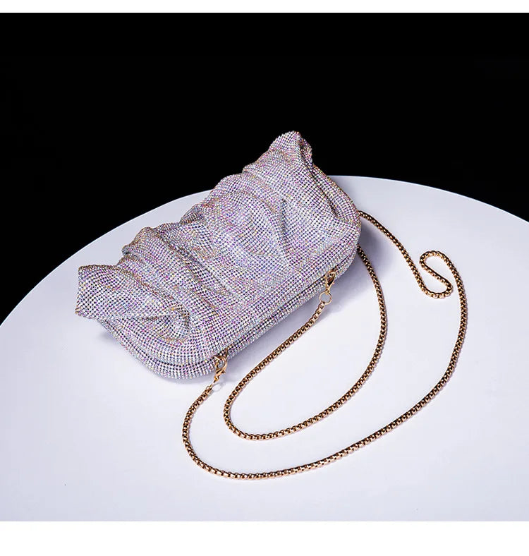 Premium Handmade Diamond-encrusted Clutch Bag Pleated Chain Rhinestone Cloud Clip Dinner Bag Single Shoulder Oblique Span Bolsos.