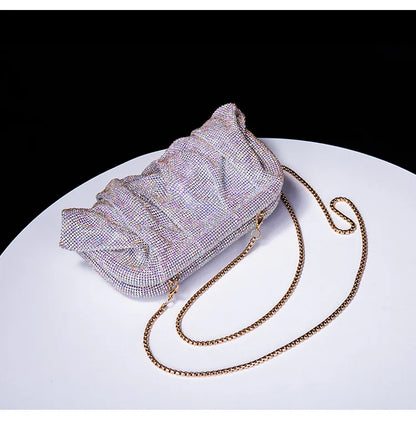 Premium Handmade Diamond-encrusted Clutch Bag Pleated Chain Rhinestone Cloud Clip Dinner Bag Single Shoulder Oblique Span Bolsos.