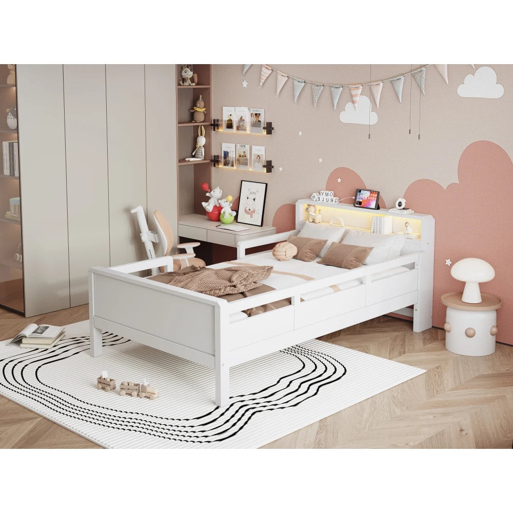 Multifunktions-Holzbett, USB- und Tape-C-Kombinationssteckdose, kleines LED-Licht, Kopfteil mit Einlagerfunktion, Einzelbett