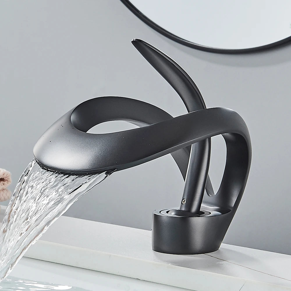 Rozin Luxury Black Basin Faucet Grey Bathroom Waterfall Mixer Tap Brass Deck Mount Modern Style Hot Cold Water Sink Mixer Crane