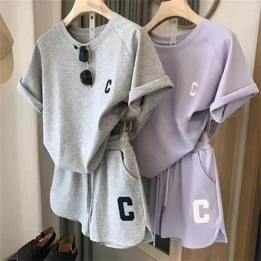 Women Tracksuit C Letter Print Short Sleeve T-shirt Drawstring Shorts Sport Suit Lady Exercise T-shirt Shorts Two-piece Suit.
