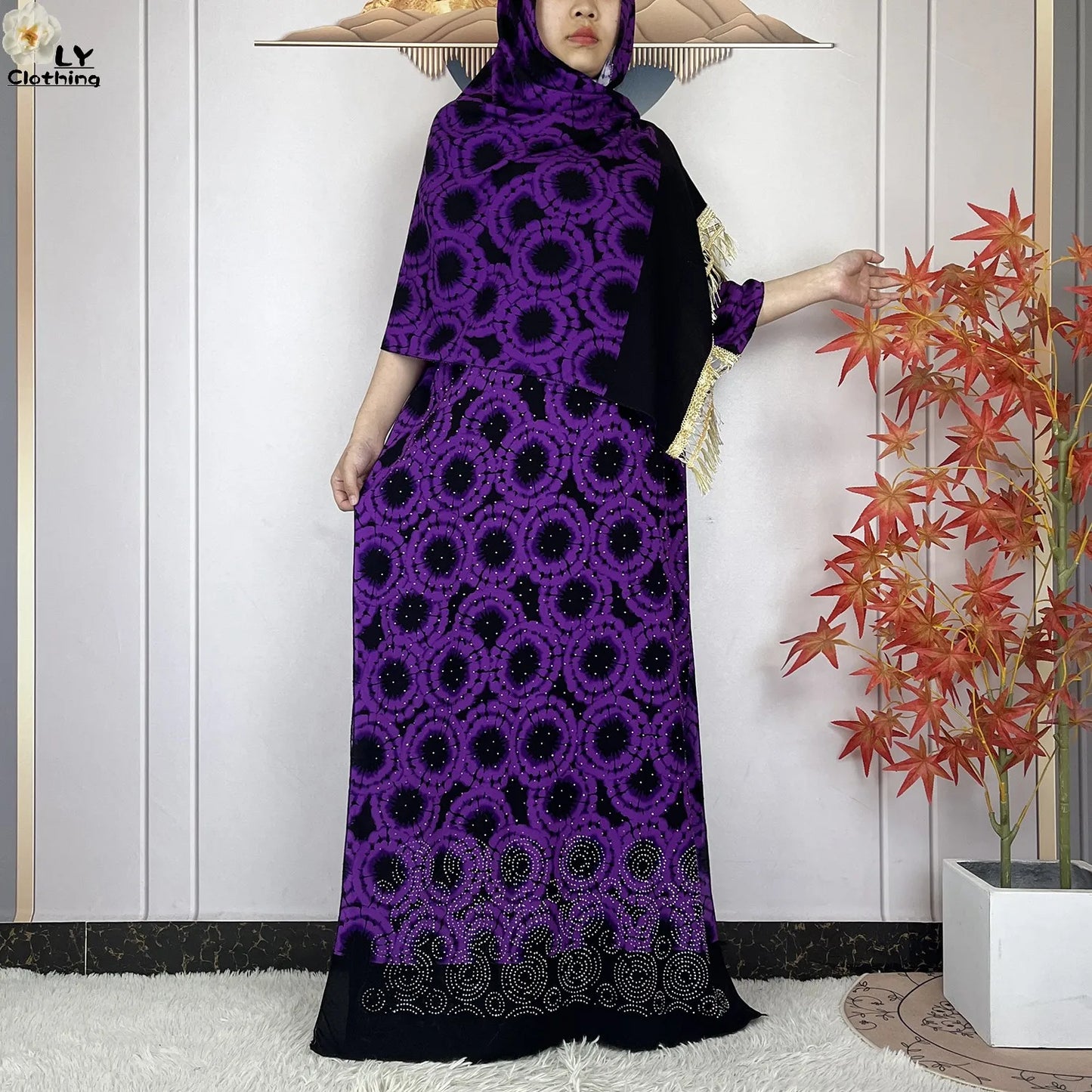 2024 New Muslim Women Dashiki Printed Dress Flower Diamonds Loose Dress With Big Scarf Islamic African Women Short Sleeve Abaya.
