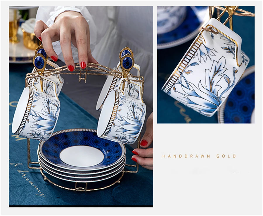 Elegant Cup and Saucer Set Bone China Sugar Jar Milk Jug Coffee Pot Set Cyan Magnolia Home English Mug Teaset Dessert Plate.