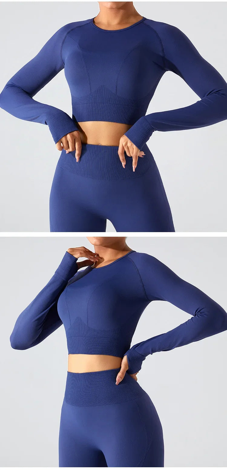 Women's Seamless Long Sleeve Top Yoga Shirts Running T-Shirt Workout Running Fitness Gym Sports Top Training Crop Top Solidcolor