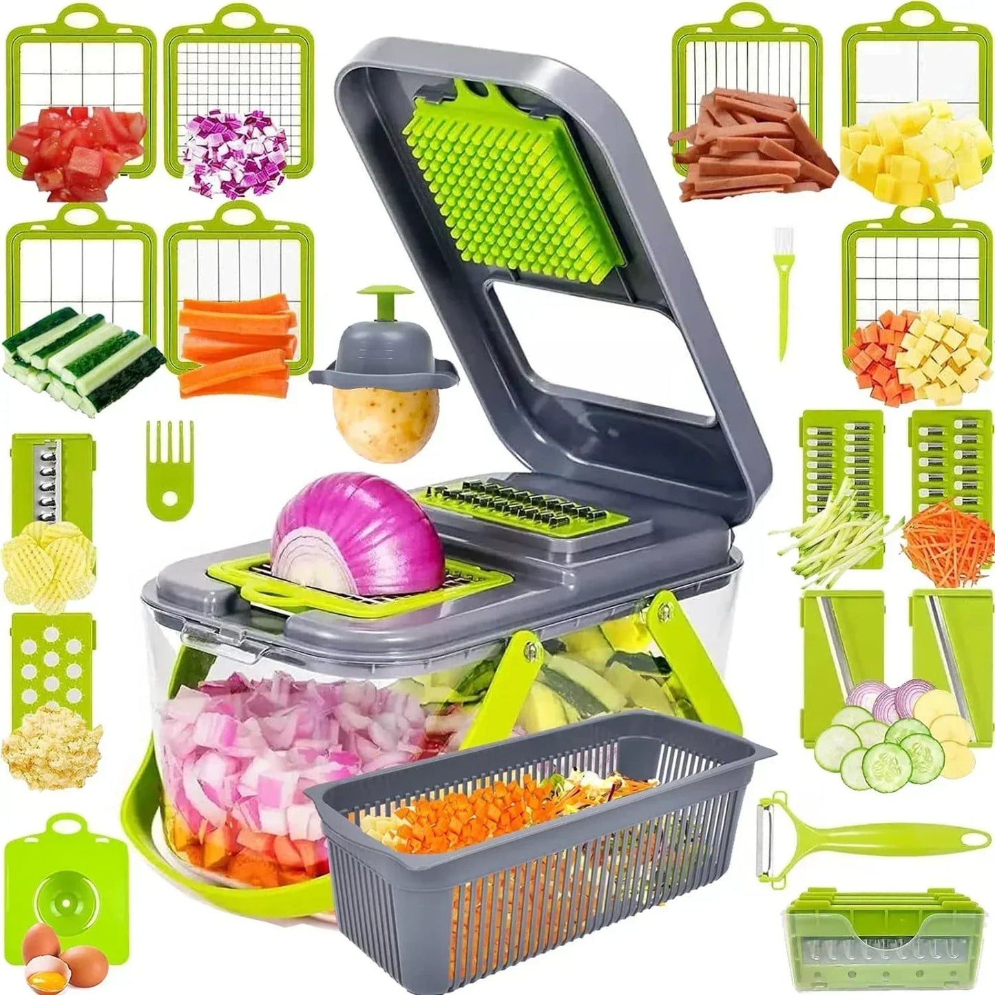 12/22 in 1 Multifunctional Vegetable Cutter Manual Food Chopper Potato Shredder Vegetable Slicer with Container Kitchen Gadget.