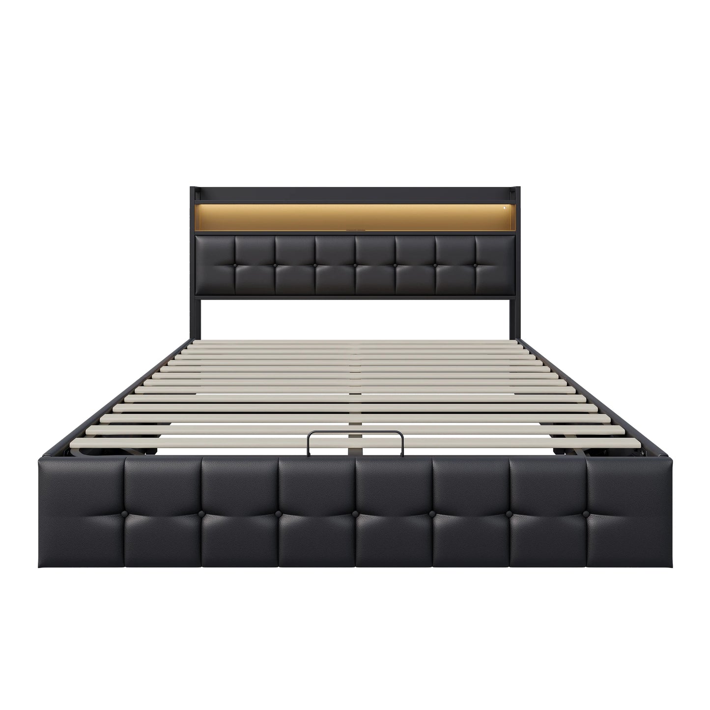 Rosahqnda Doppelbett 160 x 200 cm, mit Steckdose und LED, Kopfteil mit Stauraum und hydraulischem Stauraum, Schlafzimmer für Teenager, Leinen/PU