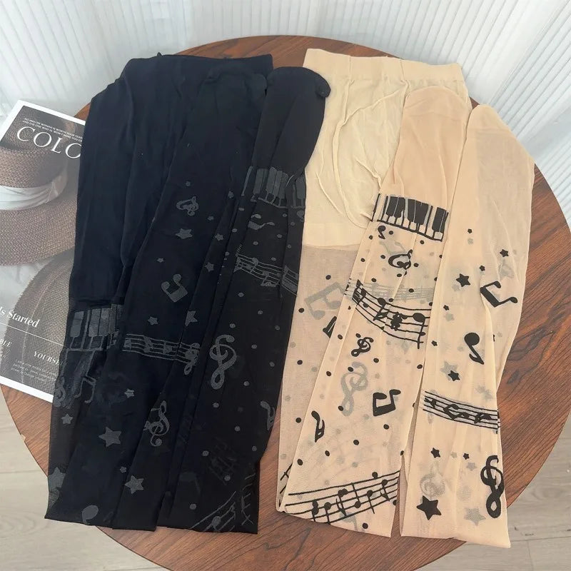 Women Personalized Stocking Gothic Music Notes Print Tights Thin High Elasticity Black Skin Leggings Spicy Girls Y2K Hosiery