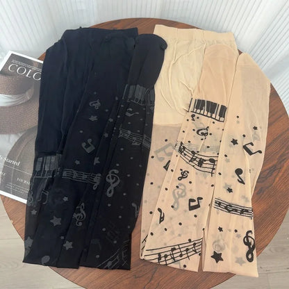 Women Personalized Stocking Gothic Music Notes Print Tights Thin High Elasticity Black Skin Leggings Spicy Girls Y2K Hosiery