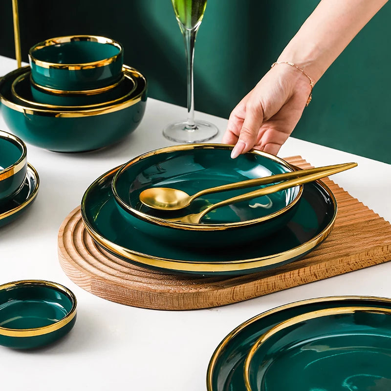 High-end Green Ceramic Plate Home Porcelain Dinner Plate Exquisite Ceramic Bowl Custom Large Size Fish Plate Kitchen Accessories.