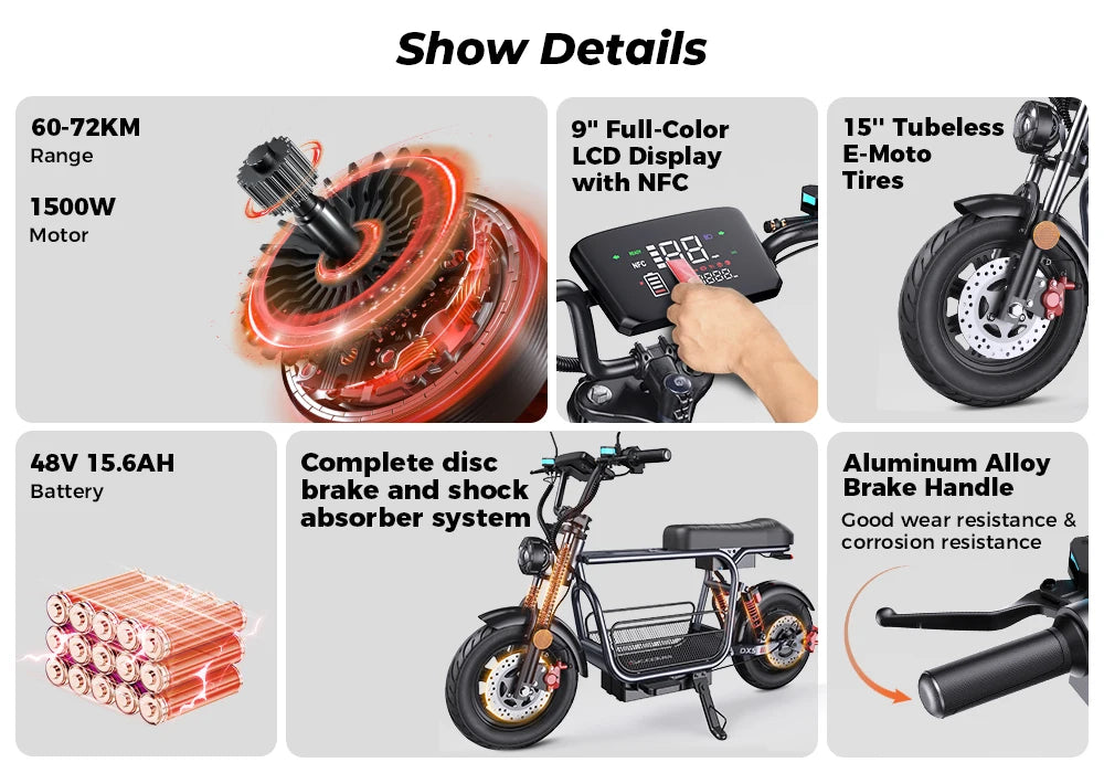 iScooter DX5 Electric Motorcycle 1500W Motor 48V15.6AH With Basket Cargo Ebike 15 inch Fat Tire with NFC Adult Electric Scooter.