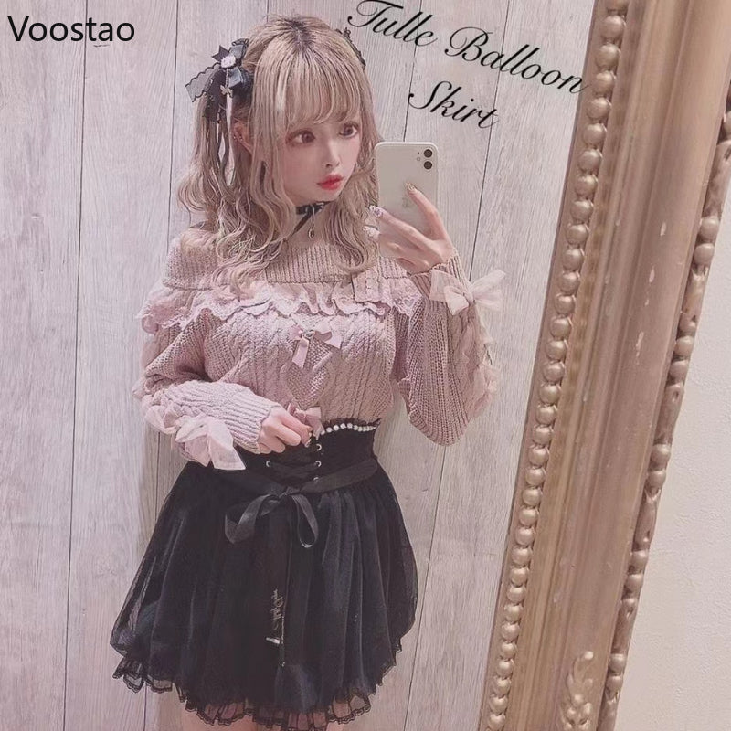 Vintage Sweet Lolita Style Knitted Pullover Autumn Girls Cute Off Shoulder Lace Ruffles Bow Sweater Women Harajuku Knitwear Tops.