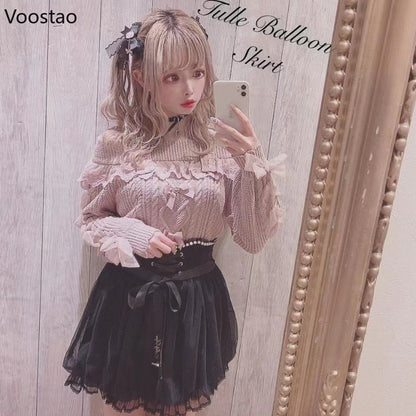 Vintage Sweet Lolita Style Knitted Pullover Autumn Girls Cute Off Shoulder Lace Ruffles Bow Sweater Women Harajuku Knitwear Tops.