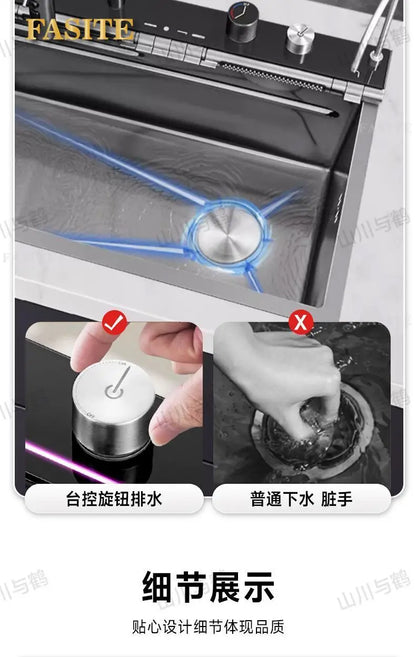 Waterfall kitchen sink nano thickened digital display honeycomb household single slot