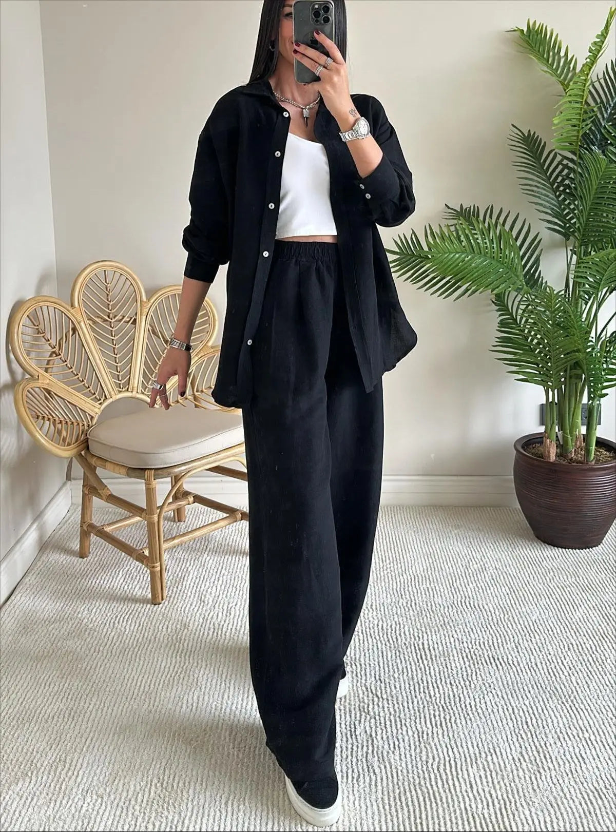 Casual Loose Shirt And Pants Two Piece Sets Women Fashion Solid Long Sleeve Shirts Outfits Autumn Winter Wide Leg Pants Sets.