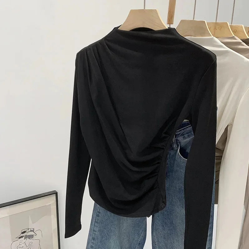 Early Autumn Pure Color High Neck Pleated Slim Fit Sexy Base Shirt Women's Fashionable Crew Neck T-shirt Full Sleeve China Origi