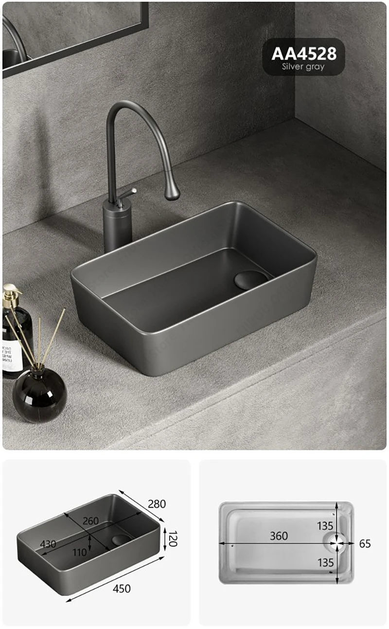 Rechteckiges silbergraues Porzellan-Keramikgefäßwaschbecken über der Theke, Toilette, Badezimmer-Schminktisch, Waschbecken, glasiertes weißes Waschbecken