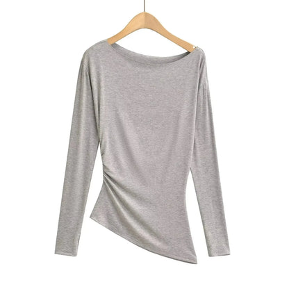 Long Sleeve One Shoulder T-Shirt Zhang Lu Si Spicy Girl Pleated Slimming Versatile Top Cotton Made in China Full Sleeve.