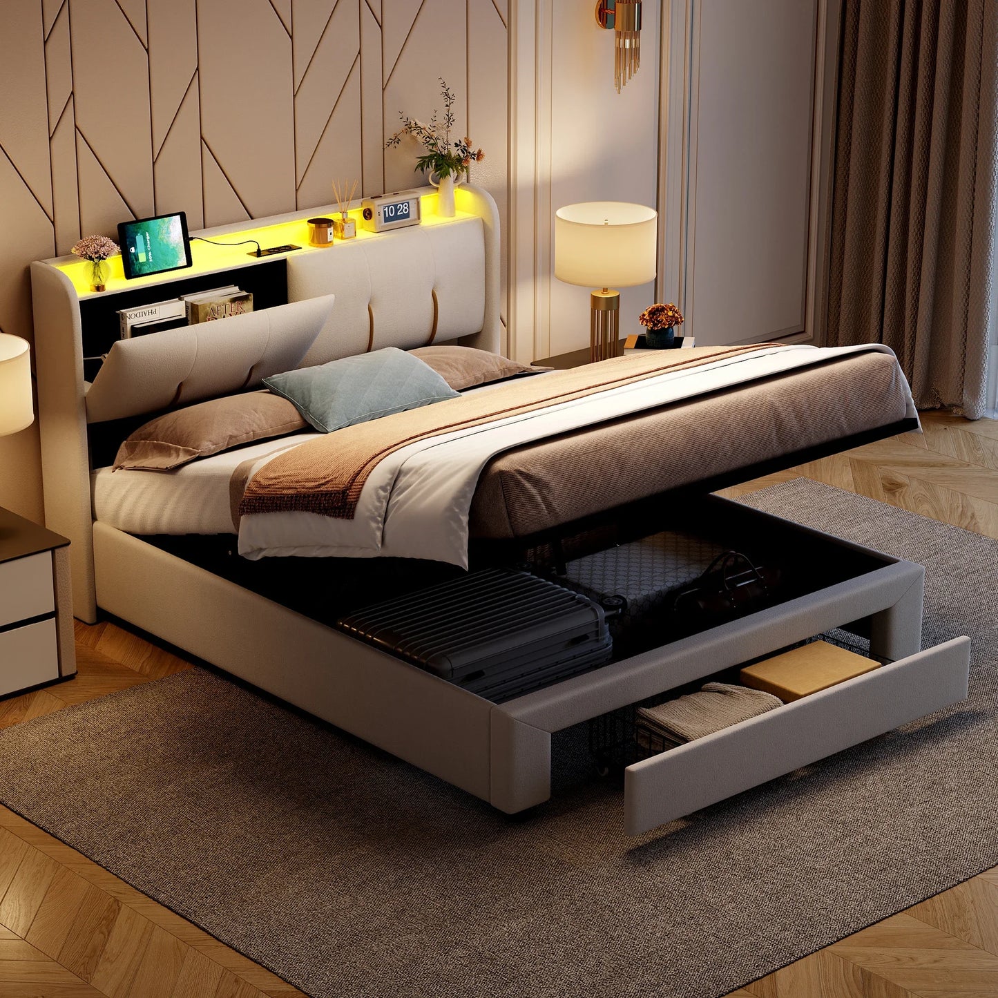 Lazy space Samt gepolsterter Bett rahmen mit RGB-Licht, USB-Anschluss Kopfteil, hydraulische Aufbewahrung sbett box, Doppelbett 140/x cm