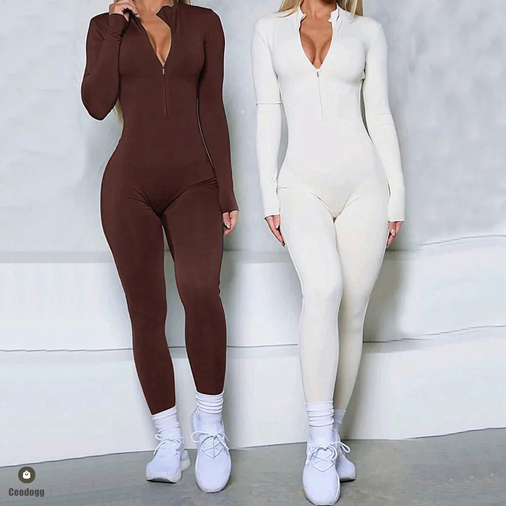 S-XL 2025 Nylon Zipper Long Sleeve Yoga Set Women One Piece Jumpsuit Fitness Gym Workout Pant Legging Running Romper Suit XP27.