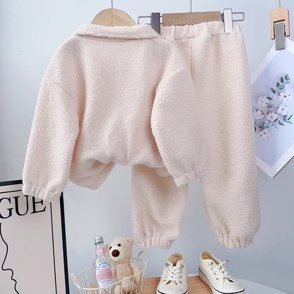 Bear Leader Girls' Set 2023 New Children's Autumn New Lamb Fleece Standing Collar Pullover Top+Pants Two Piece Kids' Fashion Set.