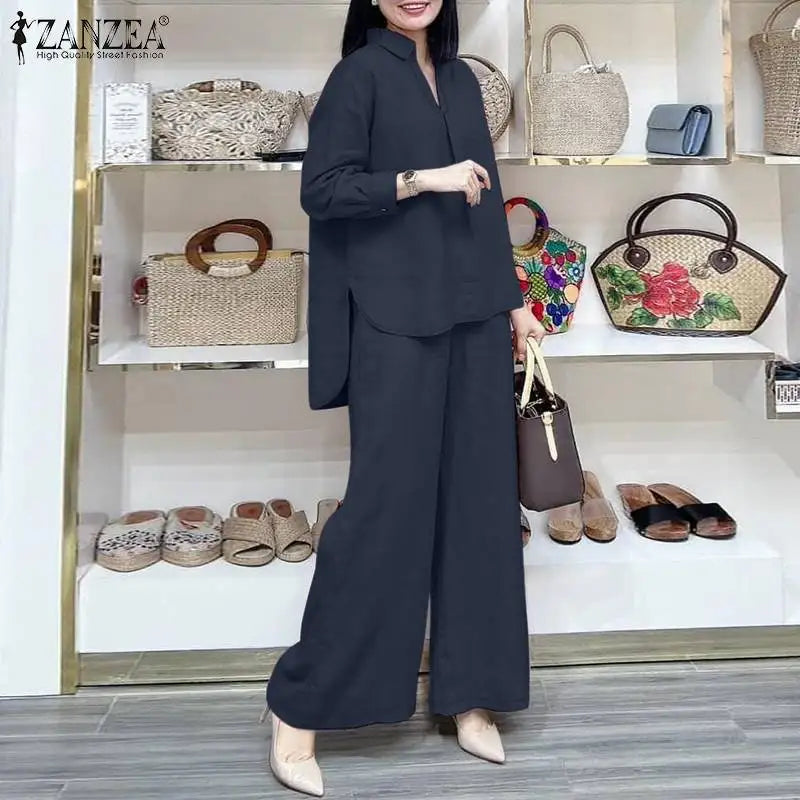 ZANZEA Fashion Women Casual Trousers Suits 2PCS Autumn Long Sleeve Blouse Solid Wide Leg Pants Sets Loose Work Tracksuit Outifit.