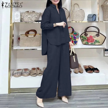 ZANZEA Fashion Women Casual Trousers Suits 2PCS Autumn Long Sleeve Blouse Solid Wide Leg Pants Sets Loose Work Tracksuit Outifit.