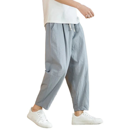 New Cotton Linen Mens Pants Casual Solid Color Breathable Streetwear Loose Straight Drawstring Baggy Lightweight Sport Pants.