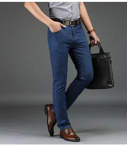 Classic Straight Men's Jeans Fitted Comfortable Elastic Business Casual Denim Pants Korean Fashion  Autumn Casual Trousers.