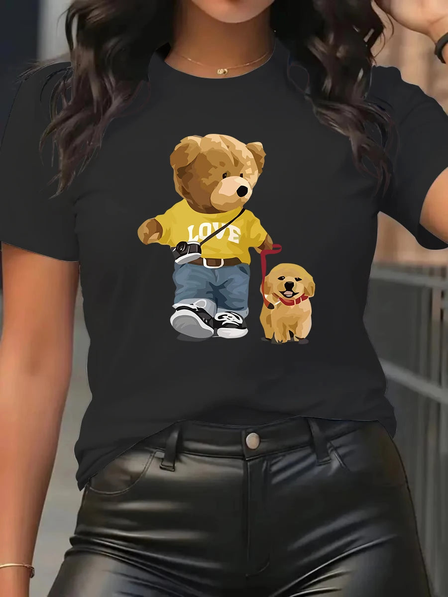 Summer and Spring Women's Short sleeved Round Neck Casual Top T-shirt with Teddy Bear Pattern.