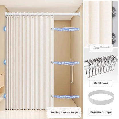 Badezimmer Faltbarer Duschvorhang aus Leinen mit Magneten, wasserdicht, geeignet für begehbare Duschen, Teleskopstange nicht im Lieferumfang enthalten