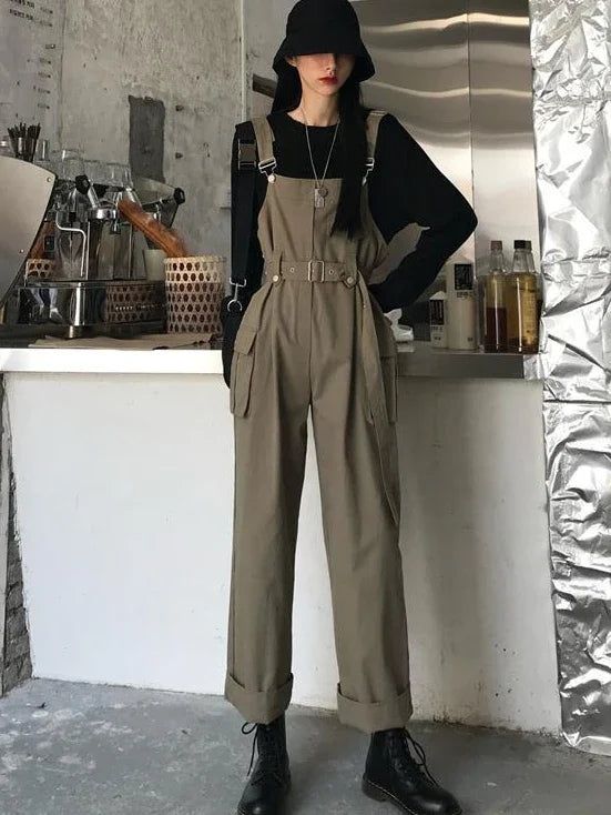 Jumpsuits Women Design Loose Fashion Vintage Students Spring Korean Style Straight Leisure Belt Simple Solid Elegant Tender Cozy.