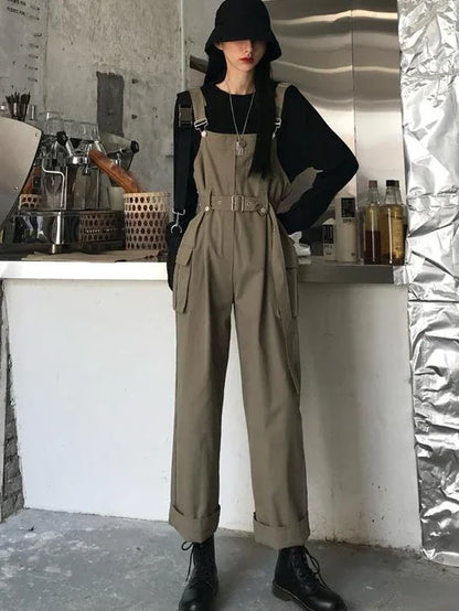 Jumpsuits Women Design Loose Fashion Vintage Students Spring Korean Style Straight Leisure Belt Simple Solid Elegant Tender Cozy.