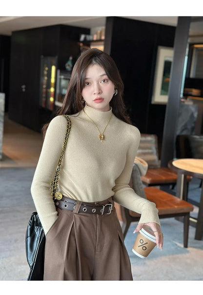 Herbst Winter Pullover Pullover Bodenbildung Shirt Frauen Gestrickte Shirts Weibliche Lange Hülse Mock Neck Elastische Dünne Pullover Stricken Tops