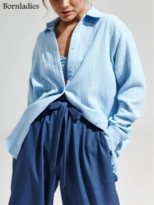Bornladies 2025 Women's Spring Summer 100% Cotton Shirts Office Lady  Fashionable Solid Lady Long Sleeve Loose Tops Crepe Shirts.