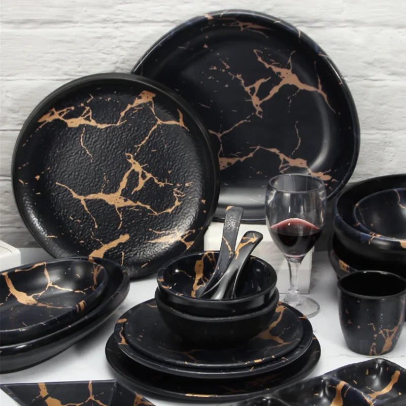 Marble Texture Imitation Melamine Plate BBQ Tableware Cake Fruits plates Snack Tray Outdoor Party Dishes Steak.