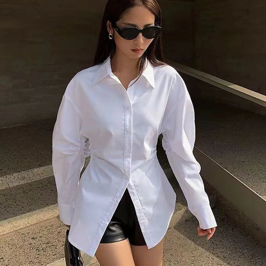 2025 Fashion Slimming Waist White Shirt Women Streetwear Long Sleeve Button Up Blouse Woman Office Turn Down Collar Shirts Top.