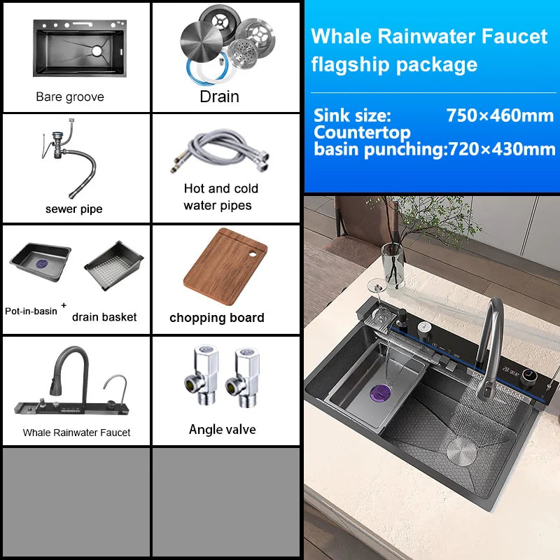 New Stainless Steel Waterfall Kitchen Sink  Large Single Slot Many Different Styles of Sinks Multifunctional Wash Bowl
