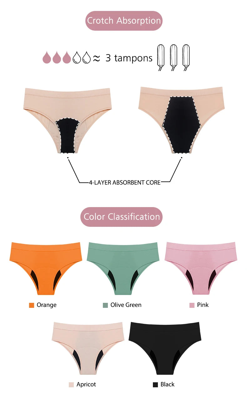 Menstrual Panties Bamboo Fiber Reusable Breathable 4-Layer Leakproof Protection Period Underwear Fast Absorbent.
