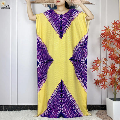 2024 New Muslim Women Dashiki Printed Dress Flower Diamonds Loose Dress With Big Scarf Islamic African Women Short Sleeve Abaya